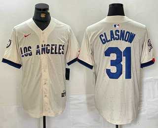 Mens Los Angeles Dodgers #31 Tyler Glasnow Cream Blue 2024 City Connect Limited Stitched Jersey